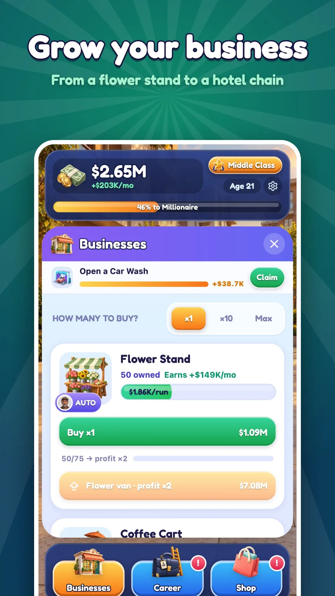 Grow your business: the Businesses screen with a Flower Stand, a manager on auto and a buy button.