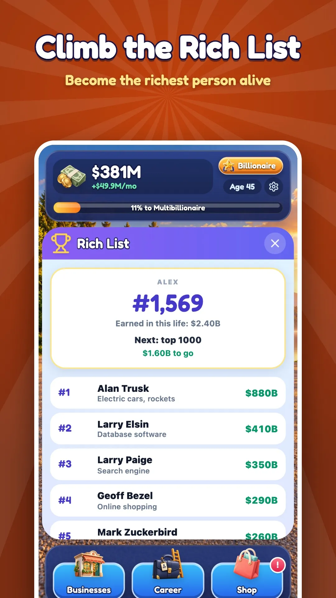 Climb the Rich List: the hero ranks #1,569, with the next goal the top 1,000.